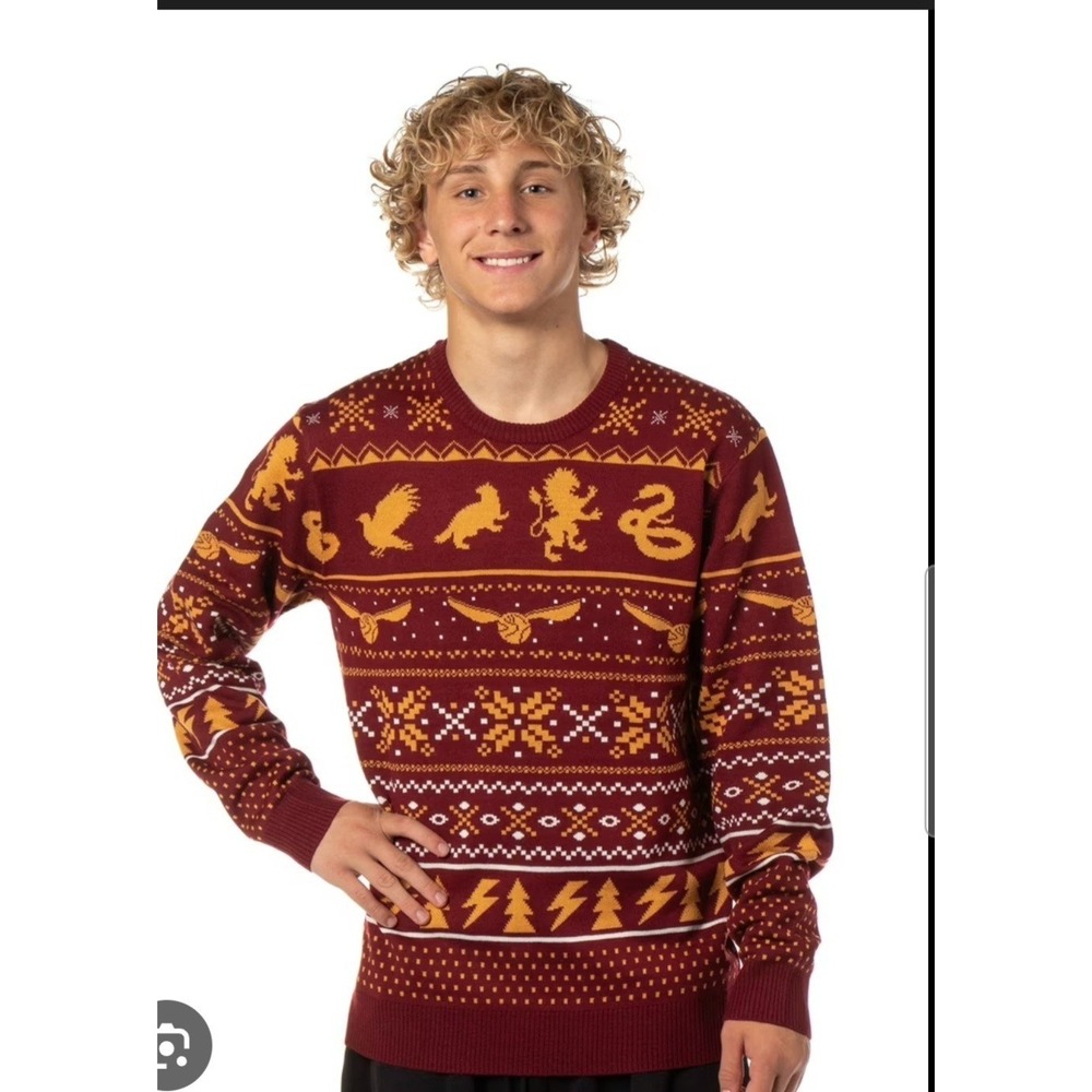 Harry Potter Sweater Men's XL Hogwarts House Crests Golden Snitch‎ Sweater NWOT